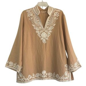 Soft Surroundings Tan Ivory Floral Embroidered Linen Top Blouse Womens Large